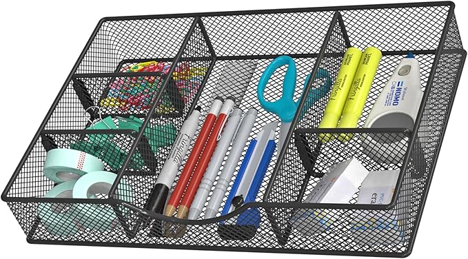 Desk Drawer Organizer Tray, Metal Mesh Drawer Organizers Office, 6 Adjustable Compartment, Desk Organizer Tray for Home Office 12 x 8.26 x 1.96 inch, Black, 1 Pack-NeatNest
