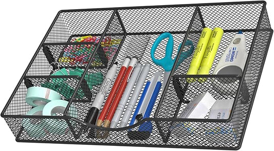 Desk Drawer Organizer Tray, Metal Mesh Drawer Organizers Office, 6 Adjustable Compartment, Desk Organizer Tray for Home Office 12 x 8.26 x 1.96 inch, Black, 1 Pack-NeatNest