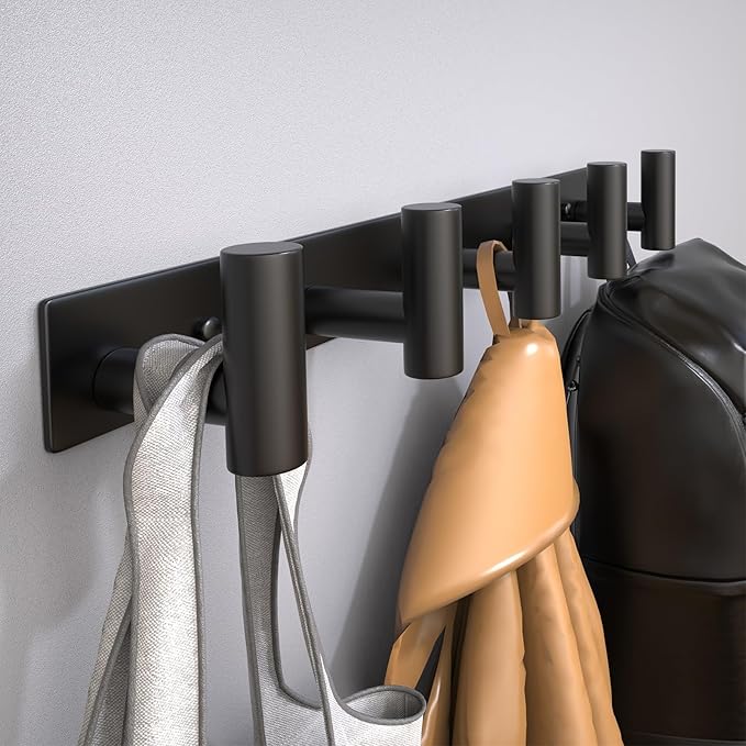 Coat Rack Wall Mounted with 5 Hooks,Metal Wall Hooks for Hanging Towel Coat Bag, Stainless Steel Coat Hooks Hat Rack Coat Hanger Towel Hooks for Entryway Bathroom Kitchen (Black, 2 Packs)-NeatNest