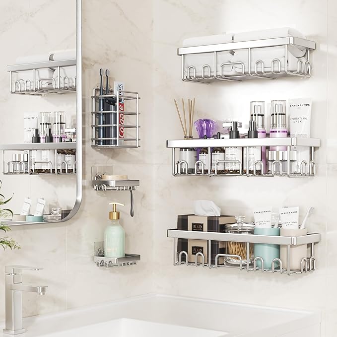 Veken Shower Caddy 6-Pack, Family Choice Award Winner, Large Wall Mounted Shower Rack, Bathroom Shelves Over Toilet, Organizer Storage Accessories with Soap Dish&Toothbrush Holder-NeatNest