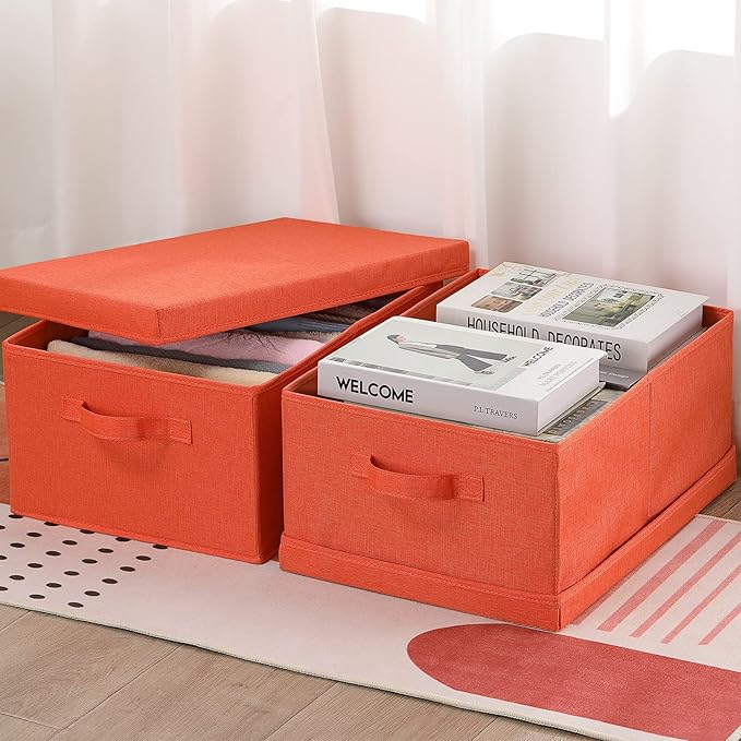 HOONEX Storage Bins with Lids for Organizing, Pack of 2, Storage Boxes with 2 Carrying Handles and Sturdy Heavy Cardboard, 16.5" L x 11.8" W x 7.5" H for Shoes, Books, Clothes, Nursery, Orange-NeatNest