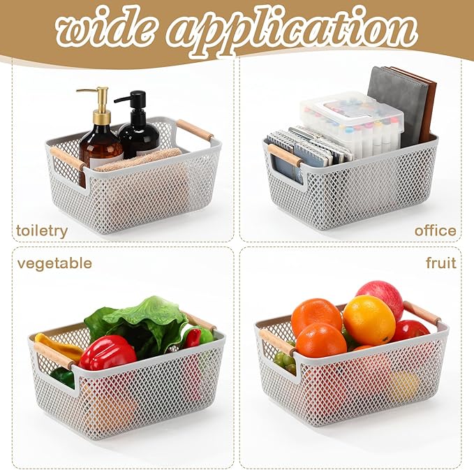 4 Pcs Plastic Mesh Baskets with Handles - Mesh Storage Organizer Bin Container Baskets for Home Organizing Pantry Closet Cabinet Kitchen Fridge Fruit Snacks Gifts, Grey(Medium)