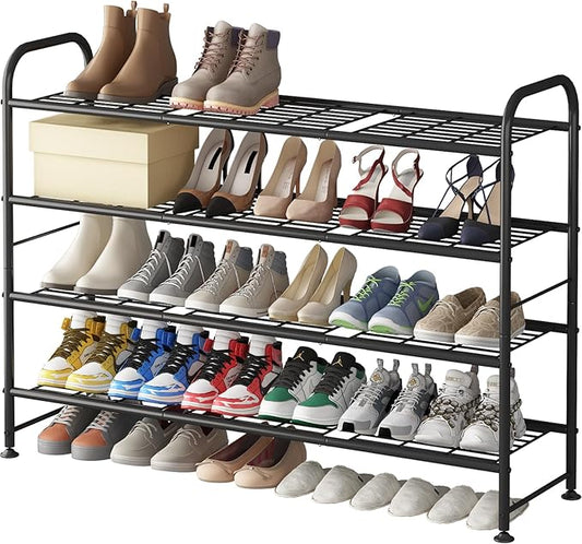 LINZINAR Shoe Rack Long 4 Tier Shoe Storage Organizer Metal Wide Shoe Shelf for Closet Entryway Bedroom 24 Paris Large Capacity, Gold Black-NeatNest