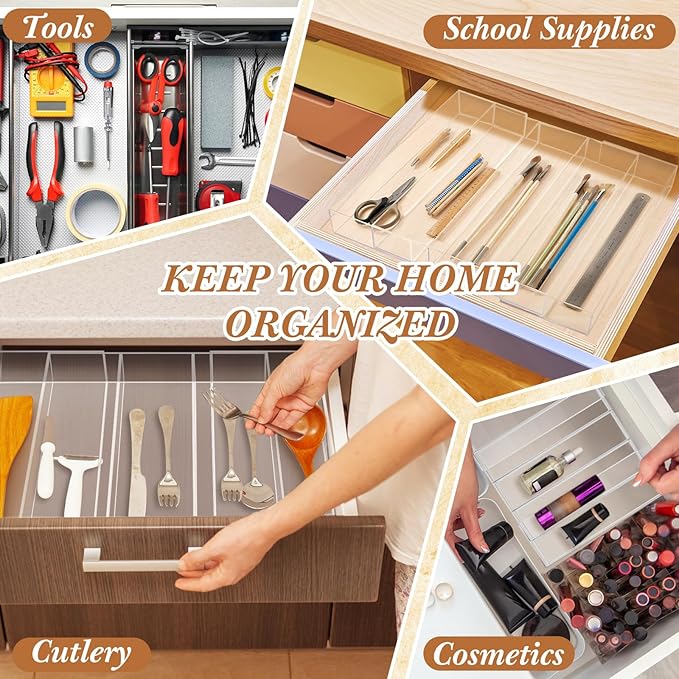 Expandable Kitchen Drawer Organizer Clear Acrylic Utensil Organizer Adjustable Acrylic Silverware Storage for Kitchen Drawers Silverware Flatware Knives(3-5 Compartments,12 x 16 Inches)