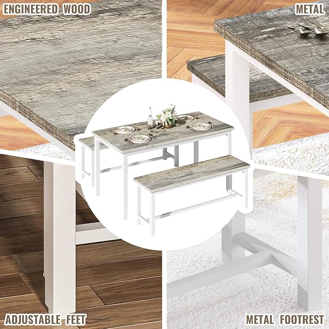 DKLGG Dining Table Set for 4, 47" Farmhouse Kitchen & Dining Room Sets 3 Pieces Rectangular Dining Room Table with Bench for Small Space, Restaurant, Apartment, Grey & White-NeatNest