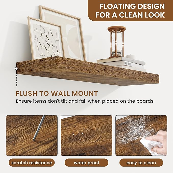 fuqing Floating Shelves for Wall, Bathroom Shelf Wall Mounted for Storage, Shelves with Invisible Bracket for Bedroom, Kitchen, Living Room, Farmhouse Small Book Shelf, 24 Inch Set of 2, Rustic Brown-NeatNest