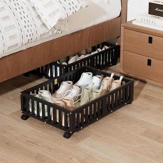Bamboo Under Bed Storage with Wheels (2-Pack) – Rolling Underbed Shoe Organizer Box for Shoes, Blankets, Toys, Clothes Container Space-Saving Organizer Bins for Bedroom, Closet, Dorm, Nursery-NeatNest