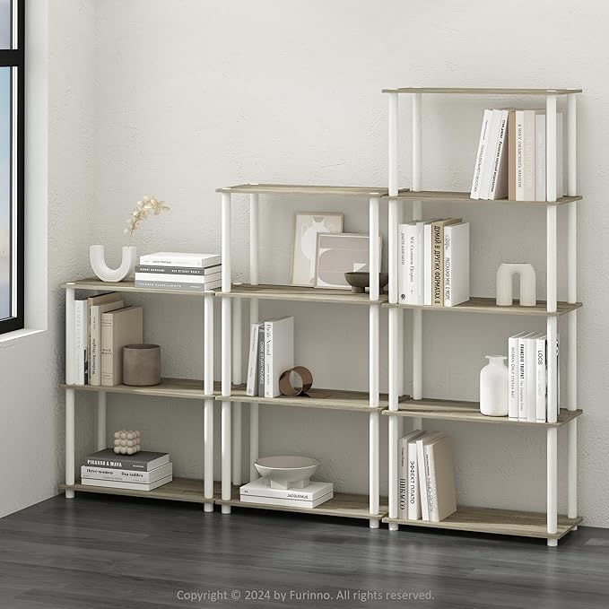 Furinno Turn-N-Tube 5-Tier Multipurpose Shelf / Display Rack / Storage Shelf / Bookshelf, Round Tubes, Sonoma Oak/White-NeatNest
