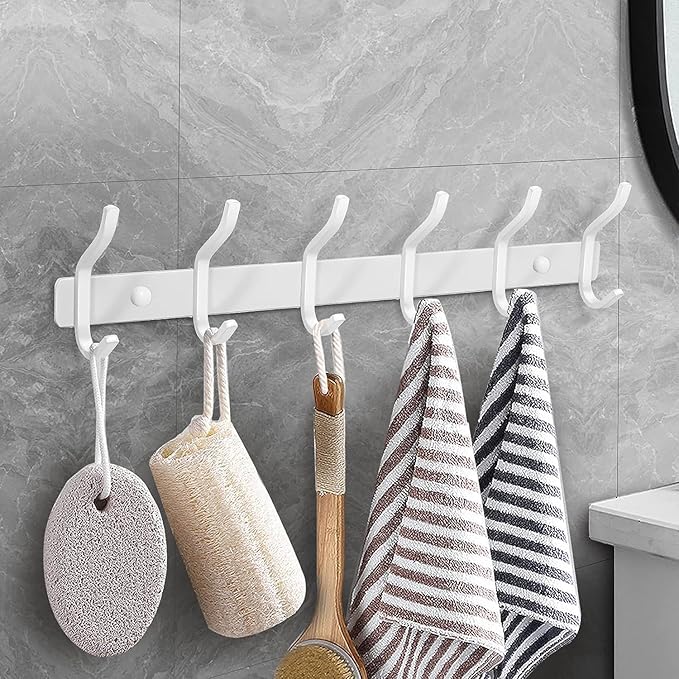 AZW Coat Rack Wall Mount,Heavy Duty Stainless Steel Metal Coat Hooks Hanging for Robes Bags Keys Hat Clothes and Bathroom Door Towels Hanger(White 6 Hooks)-NeatNest