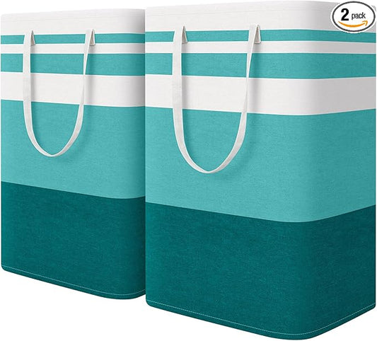 HomeHacks 2-Pack Large Laundry Basket, Waterproof, Freestanding Laundry Hamper, Collapsible Tall Clothes Hamper with Extended Handles for Clothes Toys in the Dorm and Family (Green, 75L)-NeatNest
