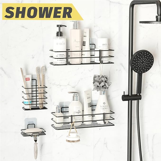 Dekula Adhesive Shower Caddy 4 Pack, Shower Shelves Organizer for Bathroom Storage, Rustproof Stainless Steel Bath Organizers, Kitchen, Adhesive or Screw, Soap Dish, Hooks, Wall Shelf