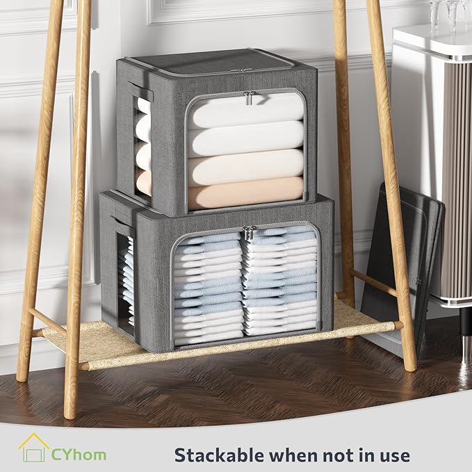 Clothes Storage Bins Box - Linen Fabric Foldable Stackable Container Organizer Set with Clear Window & Carry Handles & Metal Frame - 2Pack Large Capacity for Bedding, Blankets, Books-NeatNest
