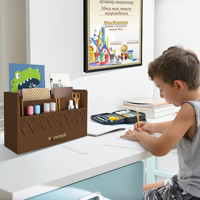 Bamboo Mail Organizer Countertop Wood Desk Organizer Drawer Tabletop Storage Box Letter Sorter Makeup Organizer for School Home Office Supplies Brown-NeatNest
