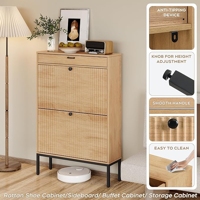 Brafab Shoe Storage Cabinet with 2 Flip Drawers&1 Small Drawer, Slim Entryway Shoe Organizer with Fluted Panel Doors for Sneakers,Light Beige-NeatNest