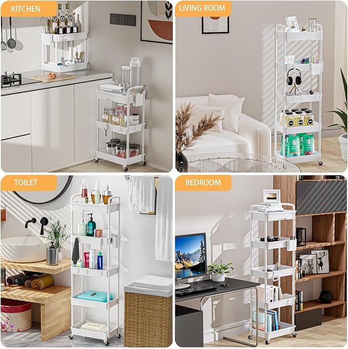 5 Tier Rolling Utility Cart with Drawer,REBECAT Utility Cart Made of Multifunctional Storage Organizer Tool for Kitchen,Bathroom,Living Room,Office(White)-NeatNest