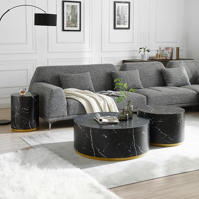 kevinplus Round Black Coffee Table Side Table End Table for Living Room, Drum Circle Wood Coffee Table Modern Contemporary Coffee Table for Apartment, Marble Grain, Black & Gold (ø35.4'' x 13.7'')