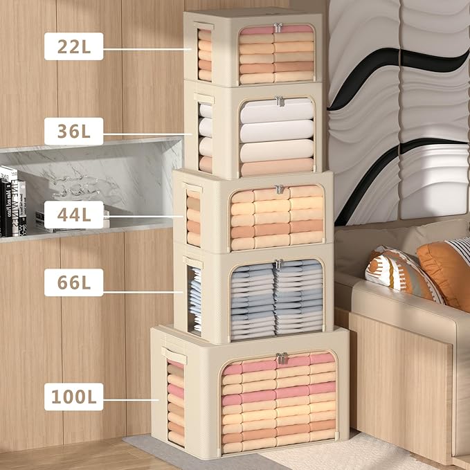 3Pack Frame Storage Box - Clothes Storage Bin Bags Oxford Fabric Foldable Stackable Container Organizer Set with Clear Window & Carry Handles (Beige, Medium-44L)-NeatNest