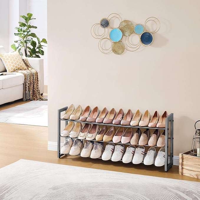 FAVOOSTY 3-Tier Expandable Shoe Rack, Adjustable Shoe Shelf Storage Organizer Space Saving Metal Free Standing Shoe Rack for Entryway Closet Doorway, Silver Grey-NeatNest