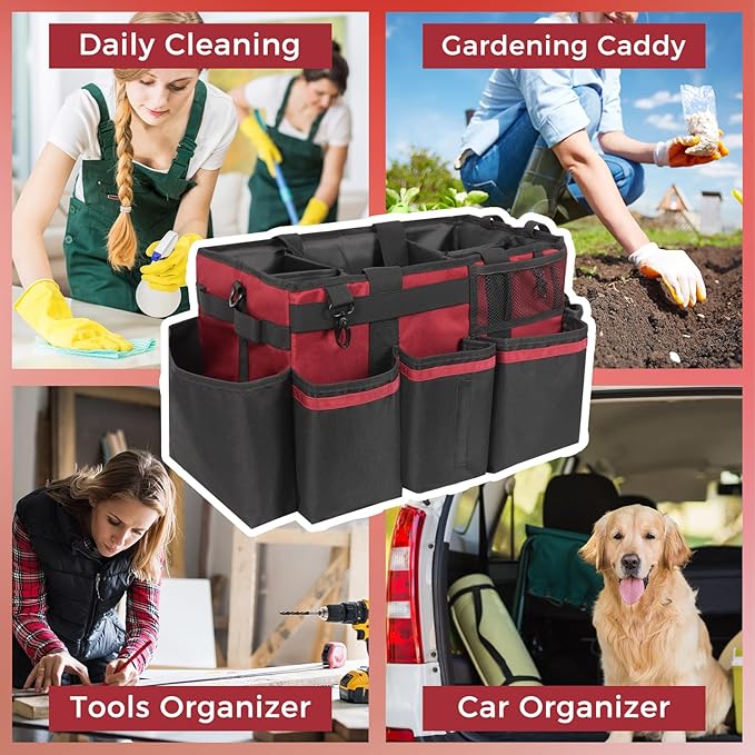 Wearable Cleaning Caddy, Cleaning Caddy Supplies Organizer with Handle & Shoulder Straps for Housekeepers, Under Sink & Car Cleaning Tool Organizers Bag with 4 Foldable Divider (Wine)