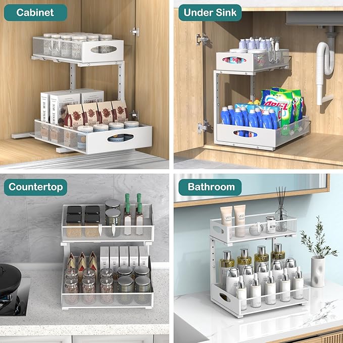 1 Pack Large Under Sink Organizer, 2 Tier Metal Pull Out Under Sink Storage with Sliding Mesh Drawers, Height Adjustable Slide Out Under Cabinet Organizer for Kitchen Bathroom, White-NeatNest