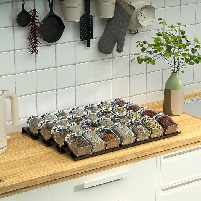 Acrylic Spice Drawer Organizer Rack Adjustable From 12 Inch to 24 Inch Wide, 4 Tier Spice Organizer Shelf for Kitchen Drawer Display, Kitchen Spice Rack Tray for Drawer-NeatNest