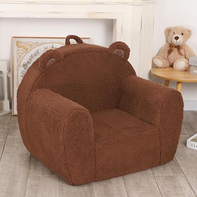 Comfy Toddler Chair, Cuddly Sherpa Teddy Bear Kids Sofa, High Back Kids Reading Chair for Boys and Girls, Brown-NeatNest