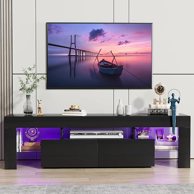 JUMMICO TV Stand, Modern Lighting TV Cabinet Entertainment Center Media and Open Shelf, TV Console Table with 1 Drawer and Remote Control, 20 Color LED Lights up to 70 Inch TV (Black)-NeatNest