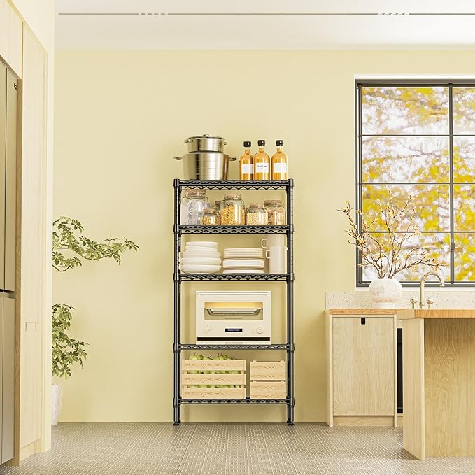 IZEUK 5-Tier Black Metal Storage Shelves, Heavy Duty Wire Shelving Unit for Home, Kitchen, Office, or Garage Organization, 1250 lbs Capacity, 13.8" D x 29.5" W x 59.5" H
