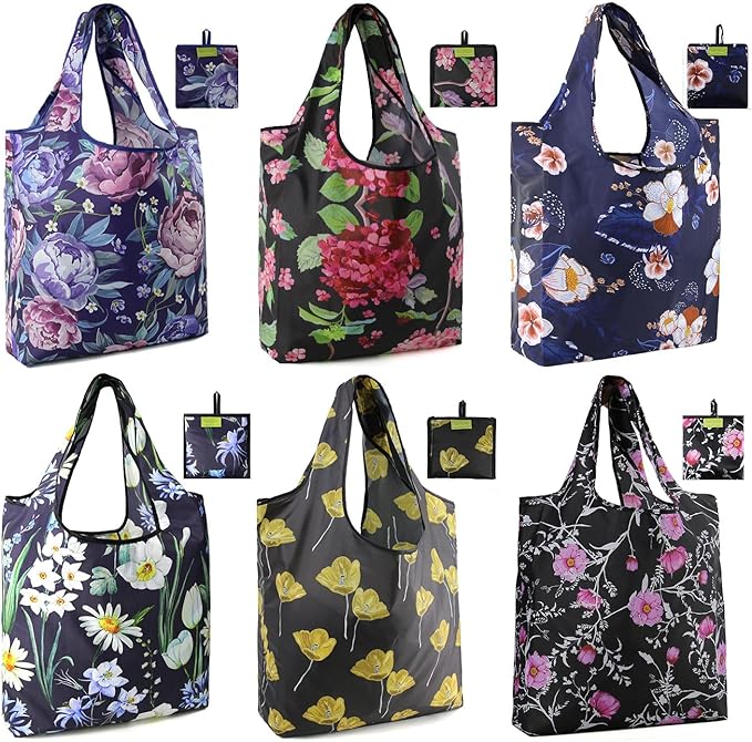 BeeGreen Floral Reusable Grocery Bags - X Large 50 LB Capacity,Foldable Tote Bag Gifts Fashionable Ripstop Polyester, Recyclable, Machine Washable Bulk Bags With Pouch - Ideal for Shopping-NeatNest