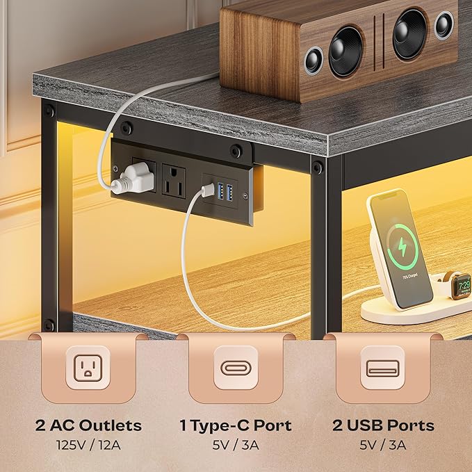 Huuger LED TV Stand for Bedroom, 47 Inch Dresser TV Stand for 43, 50, 55 Inch TV, Grey Black TV Stand with Storage, Entertainment Center with Power Outlets, 6 Drawer Fabric Dresser for Living Room-NeatNest