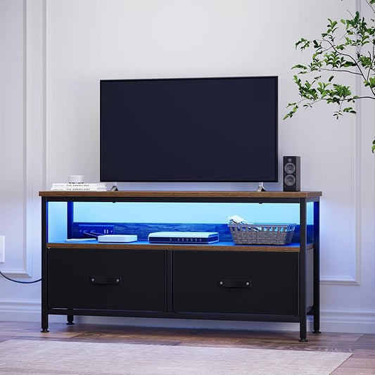 39" TV Stand for TVs up to 50", Media Console with Charging Station & LED Lights, 2 Drawer Storage Chest, Gaming Entertainment Center with Storage for Living Room, Brown, Medium-NeatNest