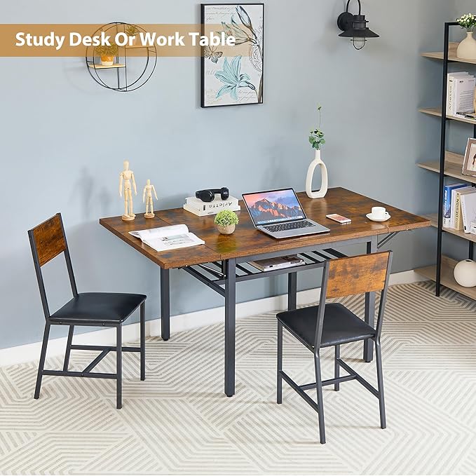 63.2" Folding Dining Table for 4-6 People, Drop Leaf Table with Storage Rack Extendable Kitchen Dinner Table for Small Spaces, Chairs Not Included (Brown)-NeatNest