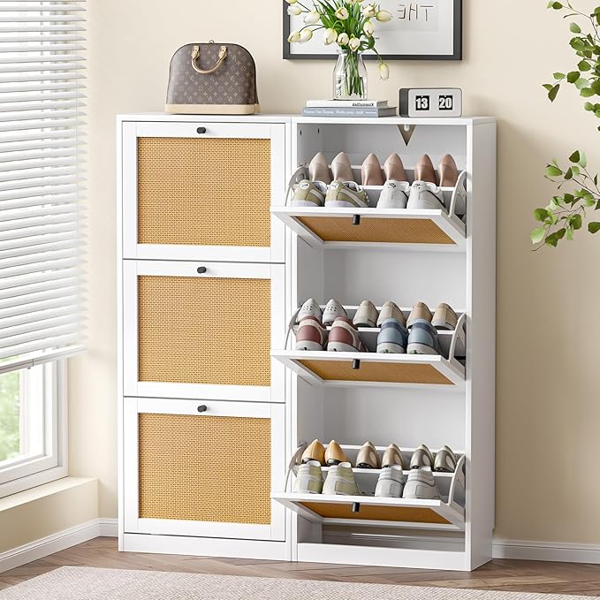 Rattan Shoe Cabinet with 3 Flip Drawers,Narrow Shoe Rack Cabinet with Adjustable Shelves,3 Tier Shoe Storage Organizer for Hallway,Entrance,White-NeatNest