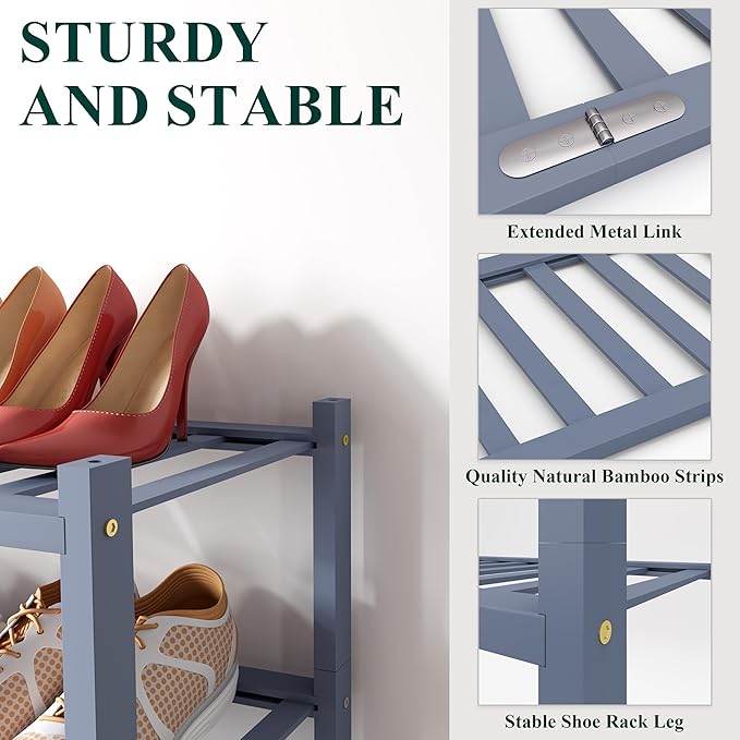 Smiry Shoe Rack, 2 Tier Bamboo Shoe Organizer, Stackable Free Standing Wooden Shoe Storage Shelf for Closet, Entryway, Front Door Entrance, Grey-NeatNest
