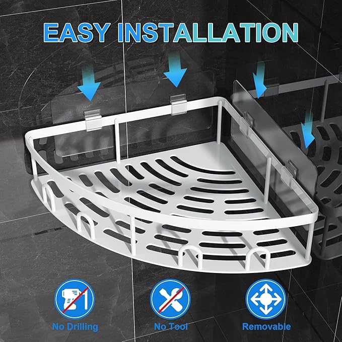 Corner Shower Caddy, 2 Pack Adhesive Bathroom Shower Corner Organizer Shelf, No Drilling Rustproof Wall Mounted Shower Storage Rack Shampoo Holder Organizer (White)