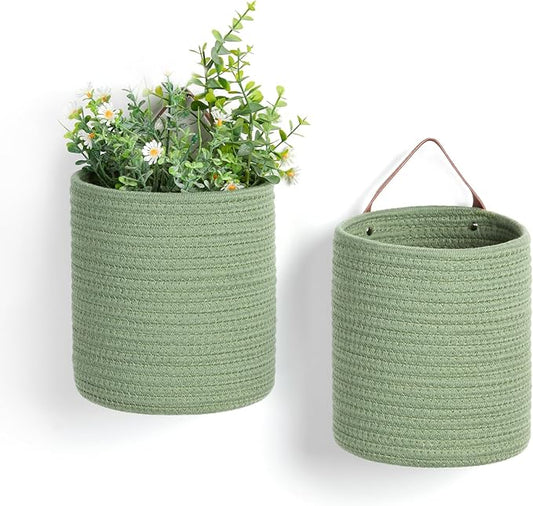 DULLEMELO Hanging Basket with Handle, Set of 2 Small Rope Hanging Wall Baskets for Decor, 7 X 8 Inches Woven Fern Hanging Storage Basket for Organizing (Green)-NeatNest