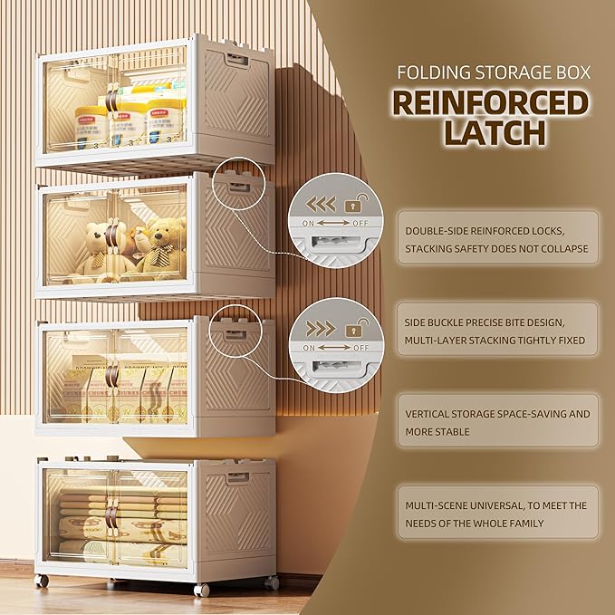 416 QT / 104 Gal Stackable Collapsible Storage Bins with Magnetic Doors & Wheels - Space-Saving Plastic Organizer Cabinet for Closet, Office, Home (White)-NeatNest