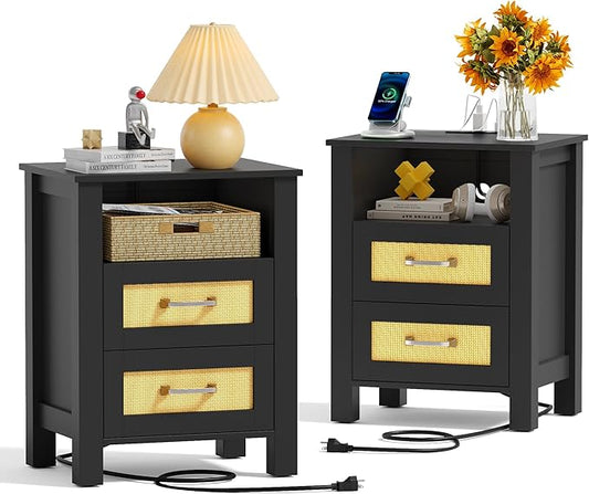 JUMMICO 26.18" End Table with Charging Station and Rattan Drawers, Farmhouse Nighstand, Wooden Storage Bedside Table, Living Room, Bedroom(2, Black Oak)