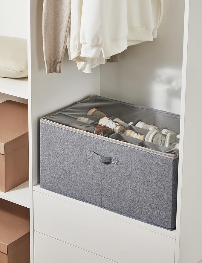 Shoe Storage Organizer for Closet, Shoe Box Organizer, Space Saving Foldable Shoe Rack, Shoe Storage Cabinet with Clear Cover and Reinforced Handles, Fits 20 Pairs, Grey-NeatNest