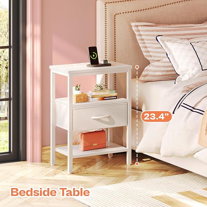 SUPERJARE Nightstand Set of 2, Bed Side Tables with Charging Station, Adjustable Fabric Drawer, Night Stand for Bedroom, 3-Tier Storage End Tables, White, 8694WC