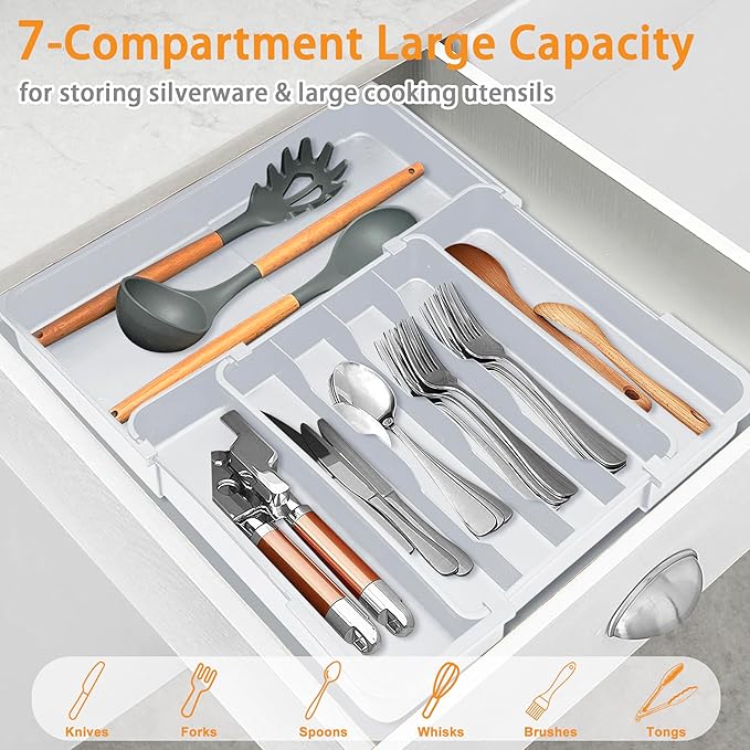 Homecor Kitchen Drawer Organizer, Expandable Silverware Drawer Organizer, Adjustable Utensil Organizer Tray, Cutlery Organizer for Forks, Knives, Kitchen Organizers and Storage, Grey-NeatNest