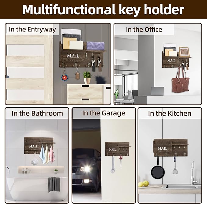 Key Holder for Wall, Mail and Key Hanger Wall Mount with Double Key Hook and Wall Coat Rack Shelf Decor,Key Organizer Suitable for Entryway, Hallway, Dog Leashes,Kitchen and Living Room(Brown)