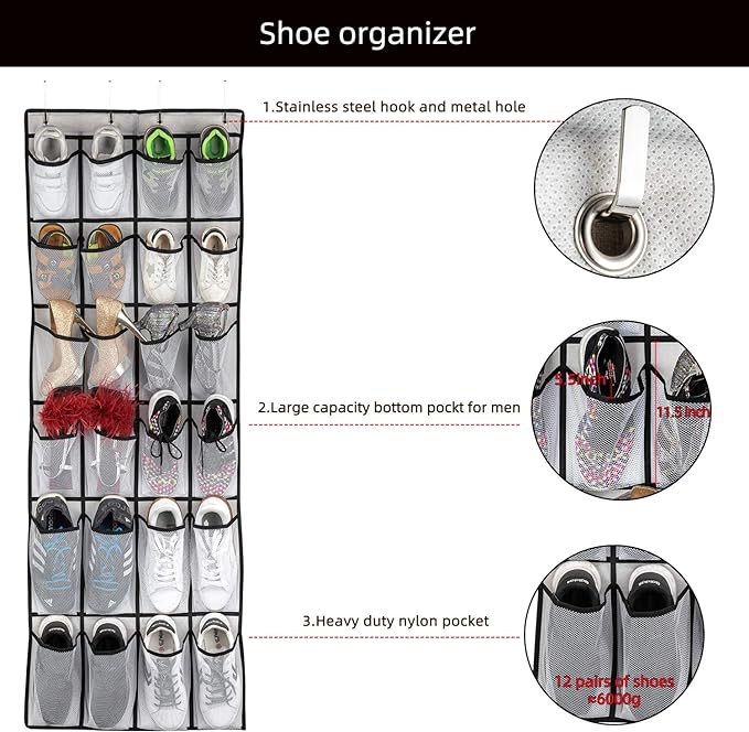 Over The Door Shoe Organizer, Hanging Shoe Organizer with 24 Mesh Large Pockets Door Shoe Rack Organizer for Men Women Kids Hanging Shoe Storage Bag.(White-NeatNest
