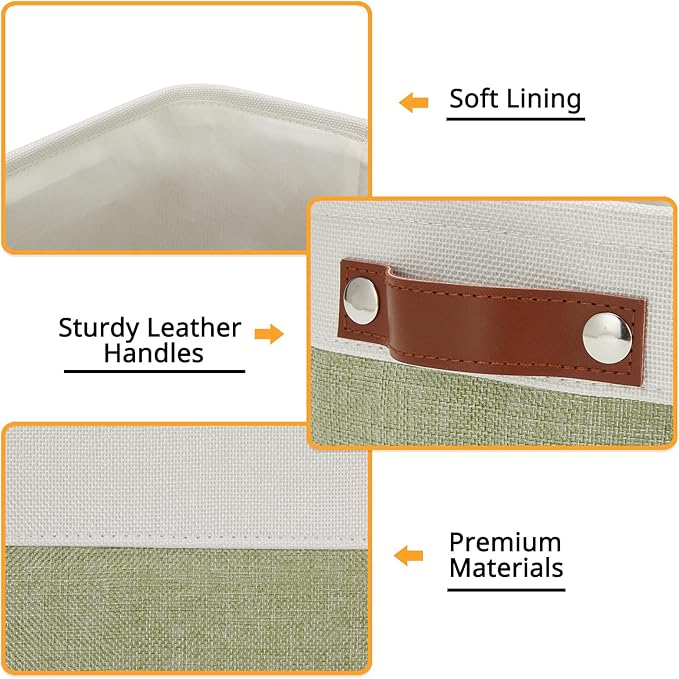DULLEMELO Small Storage Basket, Fabric Collapsible Gift Storage Basket for Shelves, Closets, Nursery, Home, Office Organizing, Small Canvas Linen Rectangular Storage Bin with Handles (White&Green)-NeatNest