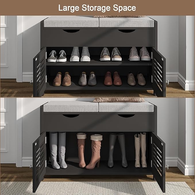 ChooChoo Shoe Storage Bench with Lift Top Storage, Entryway Bench with 2 Cushioned Seats, 3 Compartments, Adjustable Shelf, Shoe Cabinet for Entryway, Bedroom, Living Room, Black-NeatNest