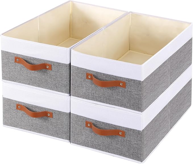 Clothing Storage Bins, Clothes Boxes with Handles, Baskets for Organizing, Fabric bins for Shelves, 13 × 9.1 × 5.5 inch, 4 Pack, White and Grey-NeatNest