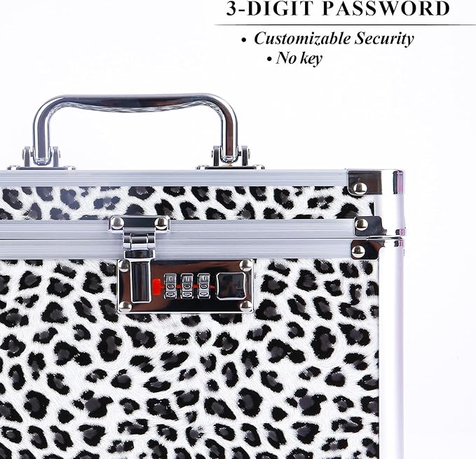 Medication Combination Lock Boxes with Code for Personal Items, Medicine Lockbox for Documents 10 x 7.25 x 7.75 Inches White Leopard