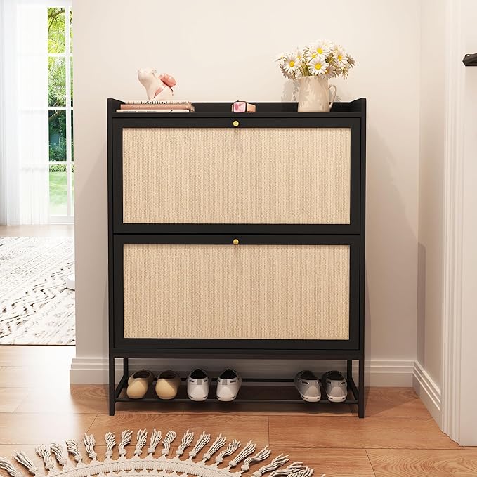 AVZEAR Narrow Shoe Storage Cabinet for Entryway with 2 Flip Drawers, Freestanding Shoe Cabinet with Natural Linen Panel, Slim Wood Shoe Organizer Closed Shoe Rack for Hallway, Foyer(Black)-NeatNest