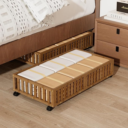 Bamboo Under Bed Storage with Wheels (2-Pack) – Rolling Underbed Shoe Organizer Box for Shoes, Blankets, Toys, Clothes Container Space-Saving Organizer Bins for Bedroom, Closet, Dorm, Nursery-NeatNest