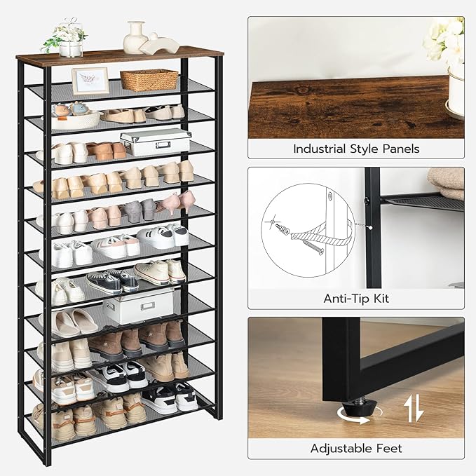 HOOBRO 12-Tier Shoe Rack, 29.5" L Shoe Storage Organizer, Large Capacity Shoe Shelf for Front Door Entrance, Entryway, Closet, Holds 36-48 Pairs of Shoes, Closet, Rustic Brown and Black BF127XJ01-NeatNest